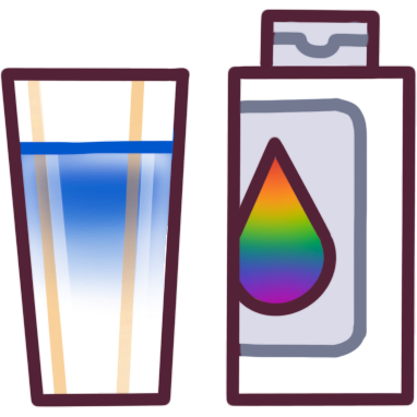  a bottle of dye, and blue dye dissolving in a glass of water